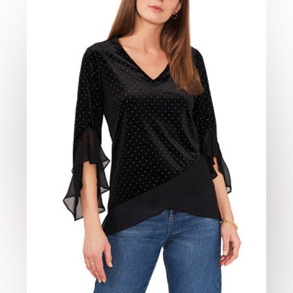 Vince Camuto | Layered Asymetric Polka Dot V Neck Top